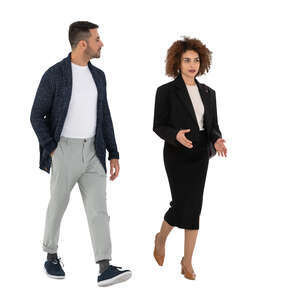 two cut out people walking and talking