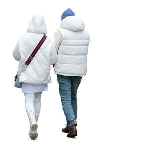 two cut out people in white winter jackets walking