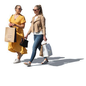two cut out young women with shopping bags walking and talking