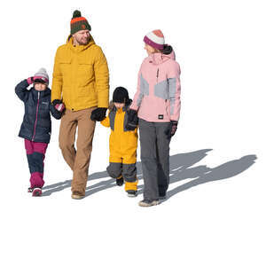cut out family with two kids walking hand in hand on a sunny winter day