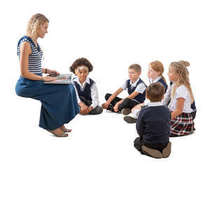 cut out teacher reading a book to a group of schoolkids