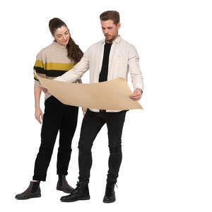cut out man and woman standing and looking at some artwork