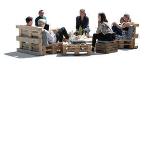 cut out backlit trendy cafe scene with group of young people
