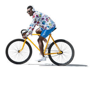cut out man with headphones riding a yellow bike
