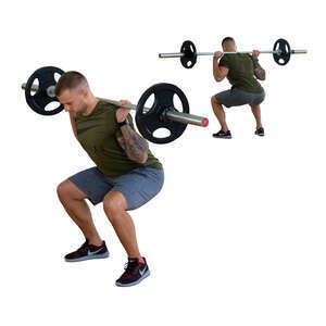 cut out man doing squats in gym with weights with mirror reflection