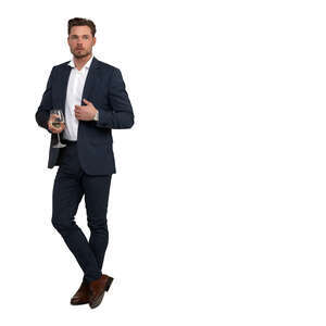 cut out man leaning on a bar counter and drinking wine