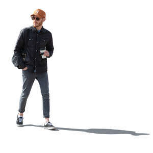 cut out backlit man walking and drinking coffee