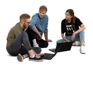 cut out group of young people sitting on the ground with laptops