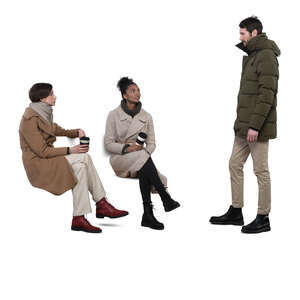 cut out man standing and talking to two women sitting on a bench
