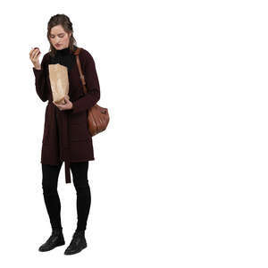 cut out woman standing and eating apples