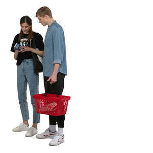 two cut out young people shopping at a grocery store