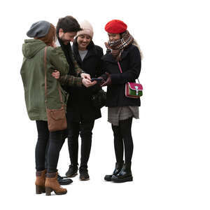 cut out group of friends standing and checking smth from the phone together