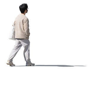 cut out asian man in white clothing with a face mask walking