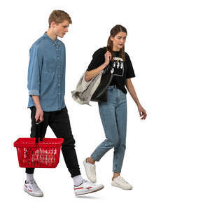 two cut out people with a shopping basket walking at a store