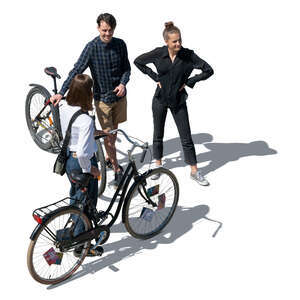 cut out group of young people with bikes stadning seen from above