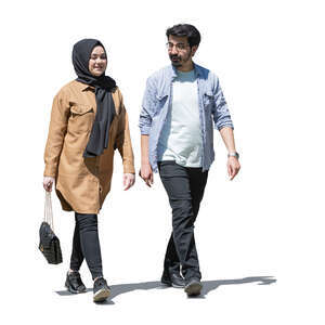 cut out middle eastern woman and man walking and talking