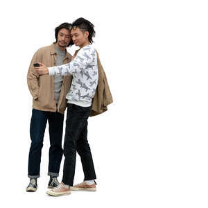 two cut out asian men standing and taking a picture together