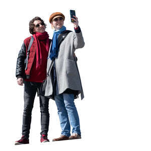 two cut out people standing and taking pictures seen from below angle