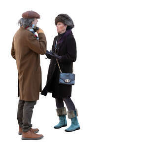 cut out elderly man and woman standing and talking in winter