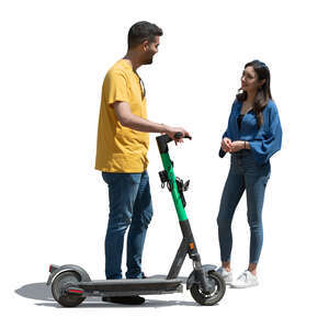 cut out man with a scooter standing and talking to a woman