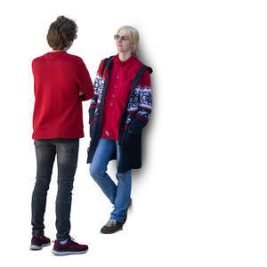 cut out woman leaning against the wall and talking to a man