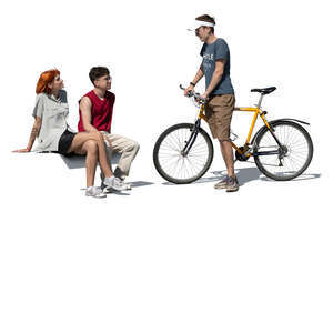 cut out young man with a bike talking to two friends sitting on a bench