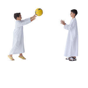 two cut out arab boys in traditional clothing playing ball