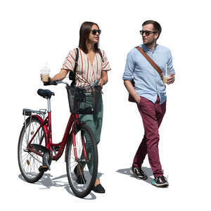 cut out man and woman walking and having a coffee on the go