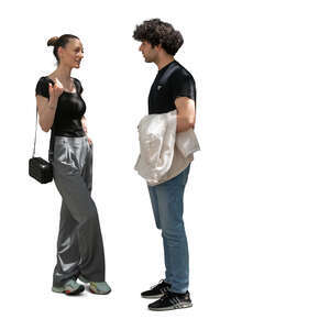 cut out man and woman standing in partial shade and talking