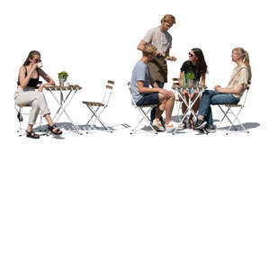 cut out outdoor restaurant scene with people sitting and a waiter standing in summer