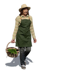 cut out senior woman in a garden carrying a basket full of greens