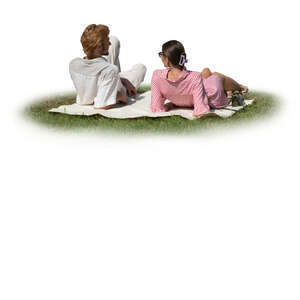 cut out man and woman lying on the grass and talking