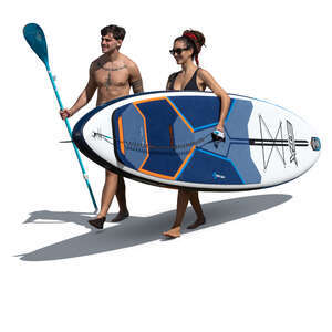 cut out man and woman with a paddle board walking on the beach