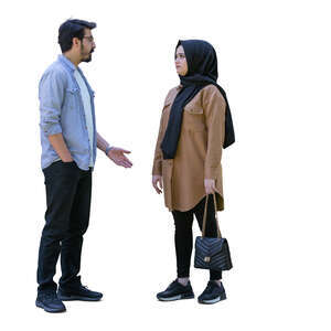 cut out muslim woman standing and talking to a man