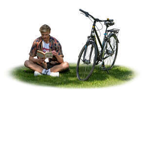 cut out man sitting on the grass in a tree shade and reading a book