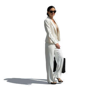 cut out woman in a white suit walking