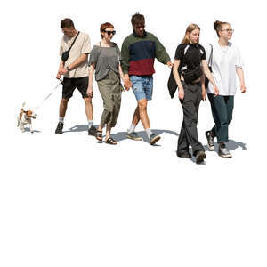 group of young people and a dog walking
