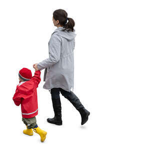 mother and son walking on a rainy autumn day seen from above