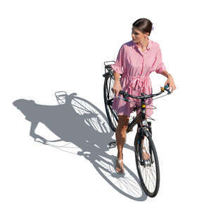cut out woman with a bike standing seen from above