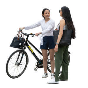 cut out woman with a bike standing and talking to another woman