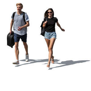 man and woman with travel bags running in a hurry