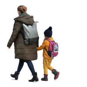 cut out mother and daughter walking hand in hand in autumn