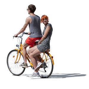 man riding a bike and woman sitting in the rack