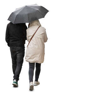 two cut out people walking under one umbrella