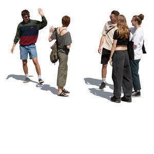 group of friends standing waving goodbye to one man leaving