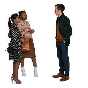 cut out multinational group of three people standing and talking