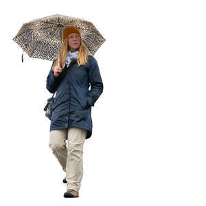 woman with an umbrella walking down the stairs