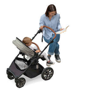 woman with child in a stroller sitting and reading a book