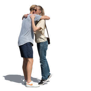 young man and woman greeting by hugging each other