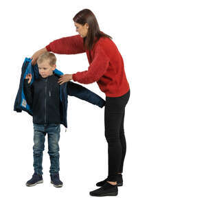 cut out teacher helping a schoolboy get dressed
